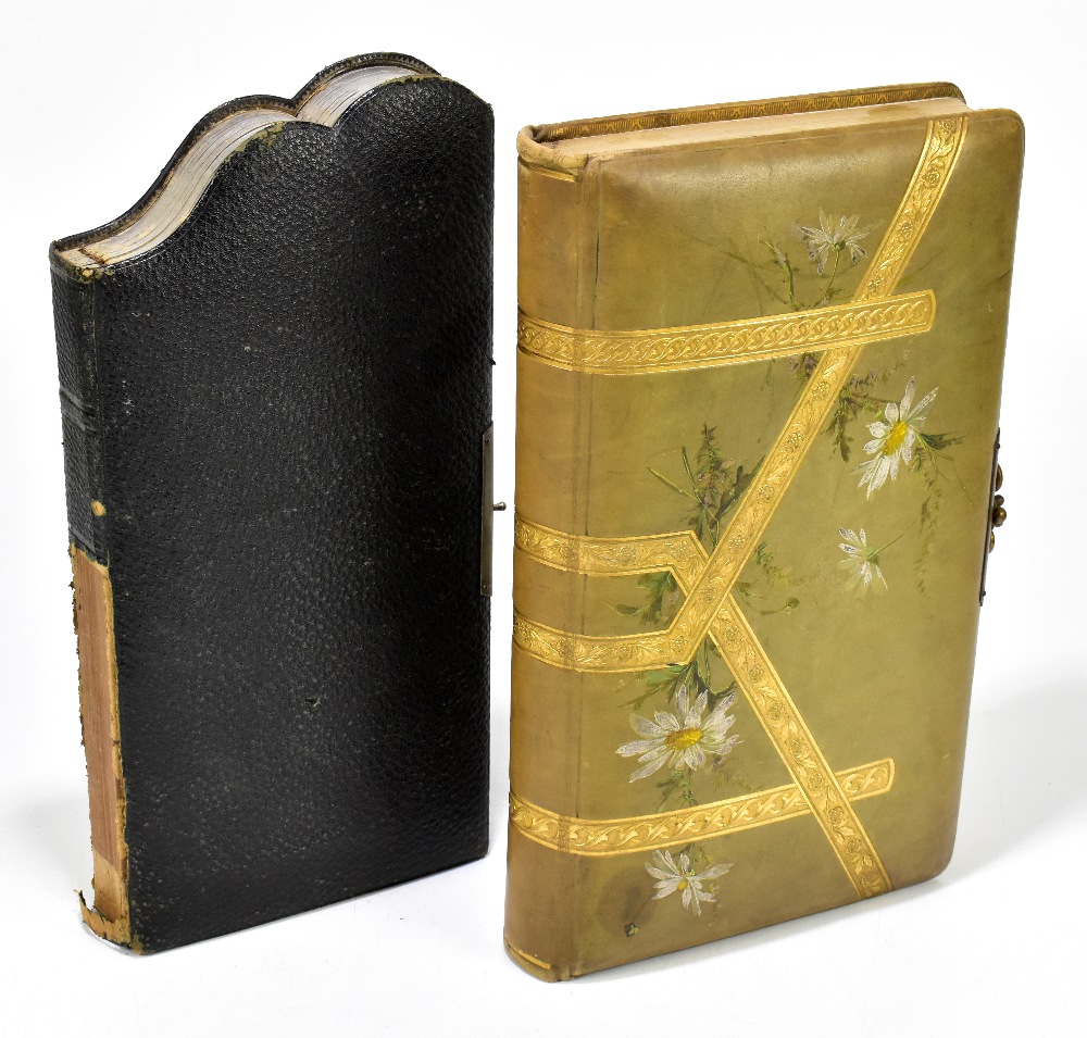 Two late 19th/early 20th century photograph albums, the first of rectangular form, with hand painted