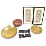 A pair of Chinese silk pictures, a modern Chinese brass dish, a lacquered box, etc.