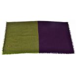 LORO PIANA; a 100% cashmere square purple and khaki green woven scarf with fringed edging.Additional