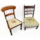 Two mahogany upholstered bedroom chairs.