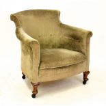 An Edwardian mahogany tub chair, with pale green upholstery, on cabriole legs, height 77cm.