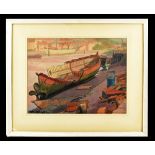 NELSON WRIGHT; watercolour, boat yard at low tide, labelled verso, signed lower left, 35 x 26.5cm,