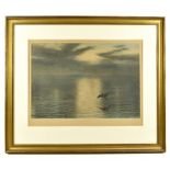 JOSEPH FARQUARSON; etching depicting a heron flying over water, 59 x 44cm, framed and glazed.