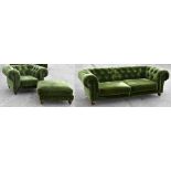 A modern vine green upholstered button back Chesterfield settee, length 214cm, and a matching