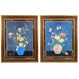 AFTER MARIUS FORESTER; pair of colour prints, studies of vases of flowers, in stencilled gilt