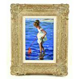 SHERREE VALENTINE DAINES; oil on canvas, girl paddling with a fishing net, 'Time to Fish' signed