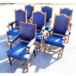 MASONIC INTEREST; a set of six early 20th century oak framed boardroom chairs, upholstered in a blue