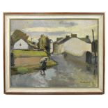 HARRY RUTHERFORD (1903-1985); oil on board, figure holding umbrella in street scene, signed, 34 x