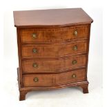 A reproduction mahogany serpentine chest of four long drawers on bracket feet, height 77cm, width