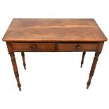 A Victorian mahogany two drawer side table, on turned legs, height 77cm, width 93cm, depth 46cm.