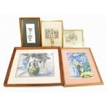 Five decorative pictures including an indistinctly signed example of a figure with animal, 23 x