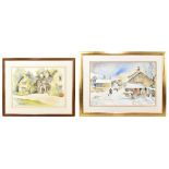 ALEXANDRA CONNELLY; watercolour, winter village scene, signed, 36.5 x 55cm, and a further rural