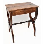 A reproduction mahogany sewing table with hinged folding lid enclosing a fitted interior, width