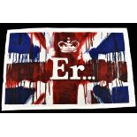 BANKSY; screenprint on cotton tea towel, 'Er...(Union Flag) (2012)', 318/1000, 62 x 41cm.  From a