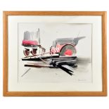 EDNA LUMB (1931-1992); watercolour, 'Tractor Pulling Coach Sideways-Clapham 1975', signed and
