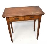 An Edwardian oak two drawer side table, on tapered legs, height 74cm, width 77cm, depth 42cm.