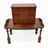 A Victorian carved walnut tray top table, height 39cm, with an oak apprentice chest with two short
