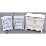 A pair of modern white painted bedside chests of three drawers, and a serpentine white painted