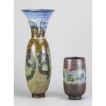 ANDREW CHAMBERS; a tall stoneware vase covered in sea green glaze with blue top, the word Gaia