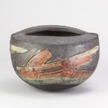 URSULA STROH-RUBENS (born 1938); a raku vessel with incised decoration picked out in copper red