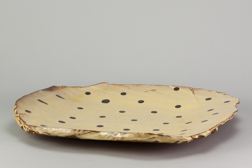 DYLAN BOWEN (born 1967); a large slipware slab dish with black dot decoration, remnants of gallery - Image 3 of 3