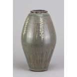 DAVID LEACH (1911-2005) for Lowerdown Pottery; a tall angular earthenware vase covered in grey glaze