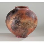 VICTORIA MEADOWS (born 1974); a small earthenware moon jar, saggar barrel fired with terra sigillata