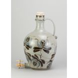 TERRY GODBY; a large stoneware cider flagon with wooden tap and cork stopper covered in speckled