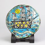 BEN FOSKER (born 1960); a slip decorated earthenware plate depicting a ship, incised BEN mark,