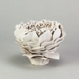 ADELE HOWITT; 'Seed Bud', a buff stoneware sculpture covered in white tin barium glaze, incised A
