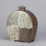 PHIL ROGERS (1951-2020); a salt glazed bottle with panels of brushed slip and incised decoration,