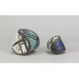 ERIC MOSS (born 1959); two raku waveforms partially covered in turquoise and white and blue and