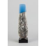 PETER HAYES (born 1946); a raku totem form with fractured smoky white surface and blue top mounted