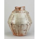 WAYNE CLARK; a large wood fired stoneware jar with shino glaze to collar and base, impressed WC