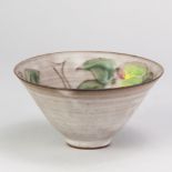 TESSA FUCHS (1936-2012); a tin glazed earthenware conical bowl decorated with apples, impressed TF