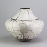 DAVID ROBERTS (born 1947); a large raku vessel covered in white crackle glaze, impressed DR mark,