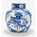A 19th century Chinese blue and white porcelain ginger jar and cover decorated with two quatroform