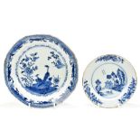 Two 18th century Chinese Export blue and white porcelain plates, including an octagonal example