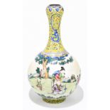A 19th century Chinese enamel vase of bulbous form, the upper body decorated with a four claw dragon
