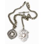 A hallmarked silver double Albert watch chain, with two hallmarked silver fobs, length 41cm,