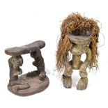 An African tribal art Luba Zara stool, height 28cm, with an African tribal figure with straw hair