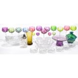 An assortment of glassware including cut hock glasses, with coloured bowls, also a Mdina glass vase,