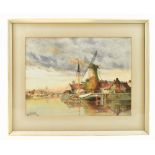 LOUIS VAN STAATEN (1859-1924); watercolour, shipping scene with windmill, 29 x 39cm, framed and