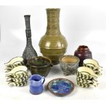 A collection of modern Studio Pottery style ceramics, including a large green glazed vase with