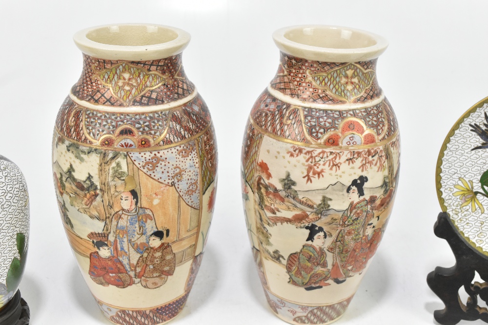 A pair of Japanese Satsuma vases, decorated with figures in gardens, height 18cm, with a pair of - Image 3 of 4
