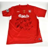 LIVERPOOL; a 2005 retro style shirt, signed by Gerrard, Dudek, Smicer, Luis Garcia, Alonso, Riise,