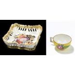 COALPORT; a felt spar porcelain floral painted gilt heightened pierced dish of round rectangular