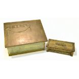 An Arts & Crafts sheet brass rectangular glove box with planished decoration, width 26cm, depth 13.