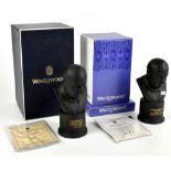 WEDGWOOD; a pair of black basalt busts of Sir Winston Churchill by Arnold Machin, both boxed and