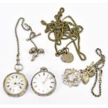 Two silver fob watches and three watch chains (5).